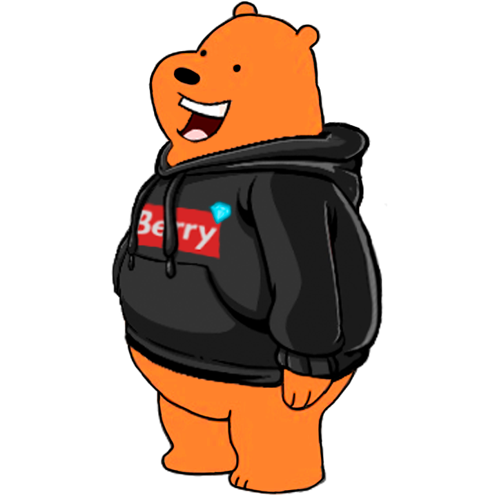 Urso laranja, sorridente. Tem uma camisola preta, com um diamante ao canto e com o seu nome inscrito, 'Berry'.